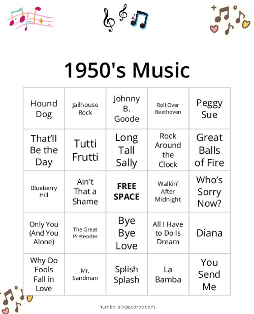 1950s Music Bingo