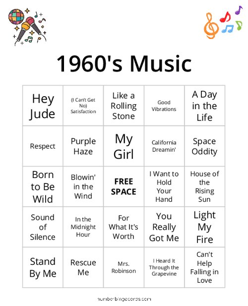 1960s Music Bingo