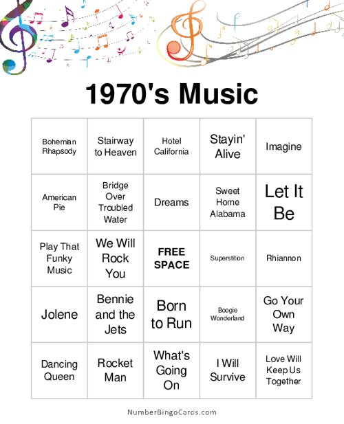 1970s Music Bingo