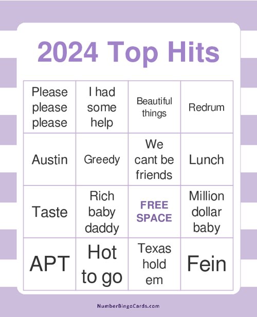 2024 Top Hits Bingo