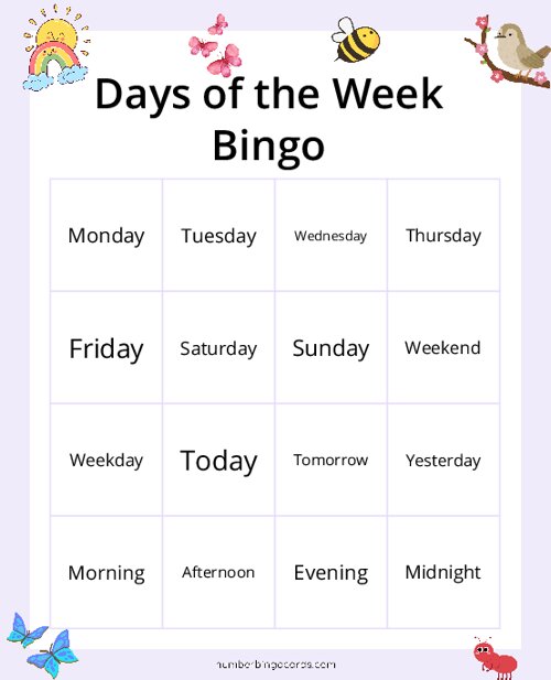 Days of the Week Bingo