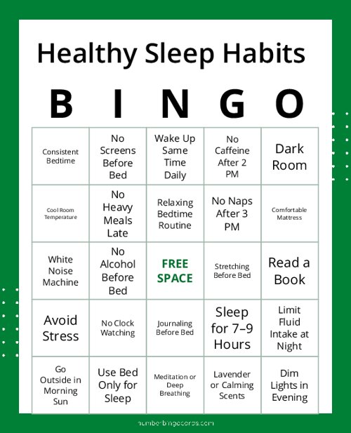 Healthy Sleep Habits Bingo