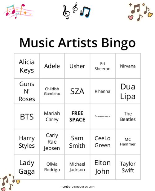 Music Artists Bingo