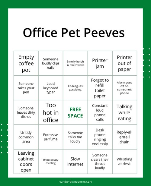 Office Pet Peeves Bingo