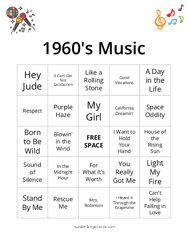 1960s Music Bingo