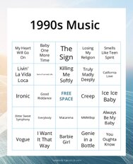 1990s Music Bingo