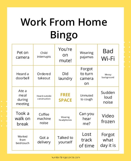 Work From Home (WFH) Bingo